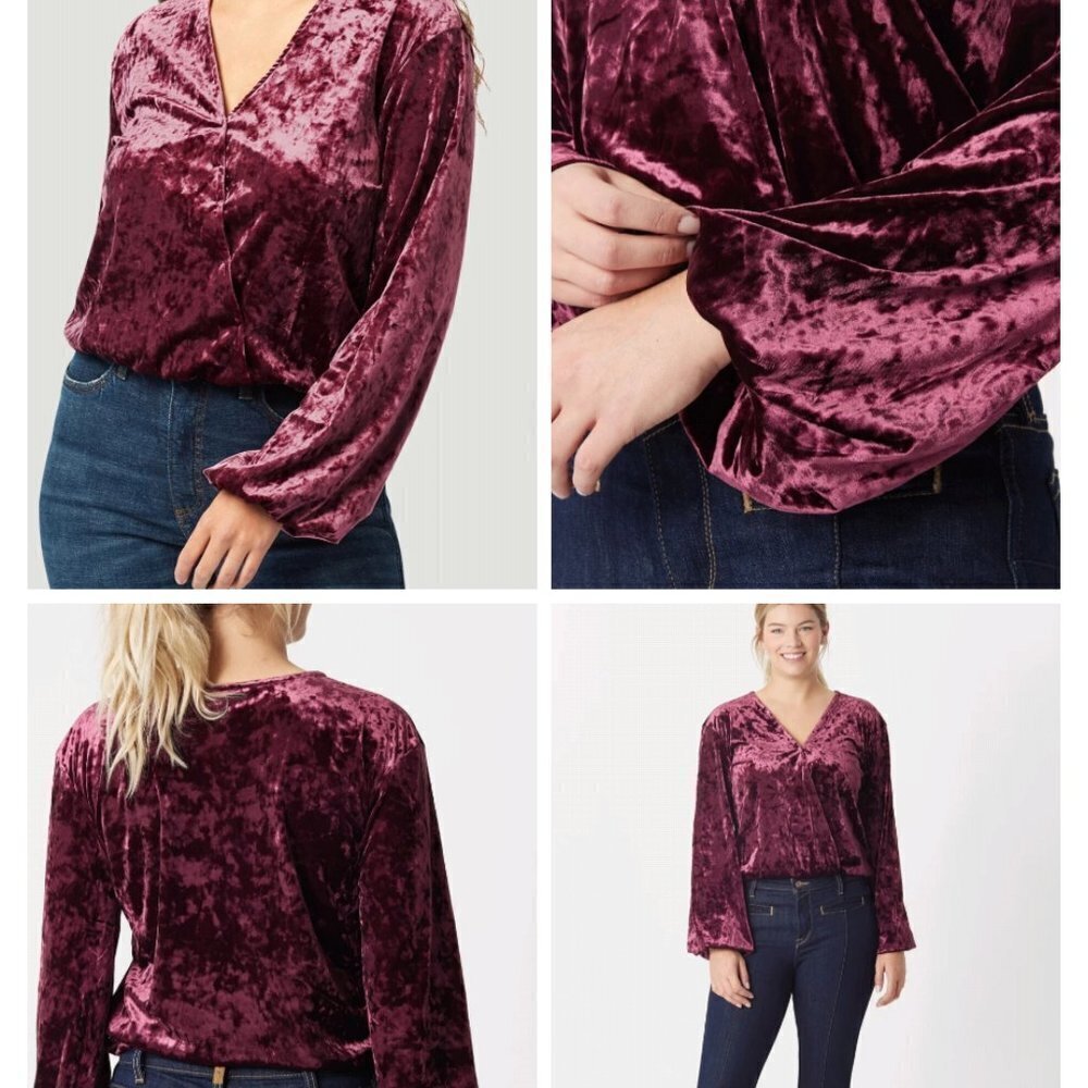 1034) Wrangler Retro Women's Dark Purple Crushed Velvet Surplice Top Size Small